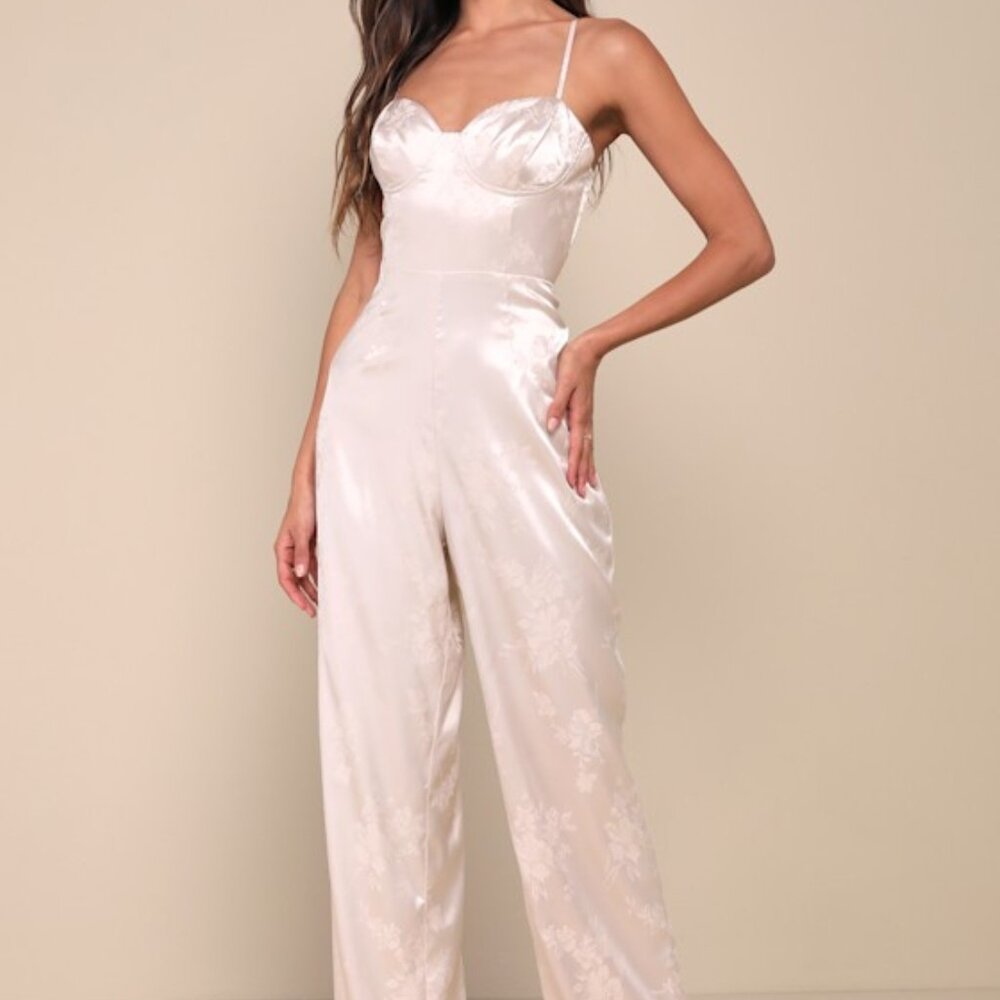 Lulus Sincerely Sensational Cream Satin Jacquard Lace-up Jumpsuit White